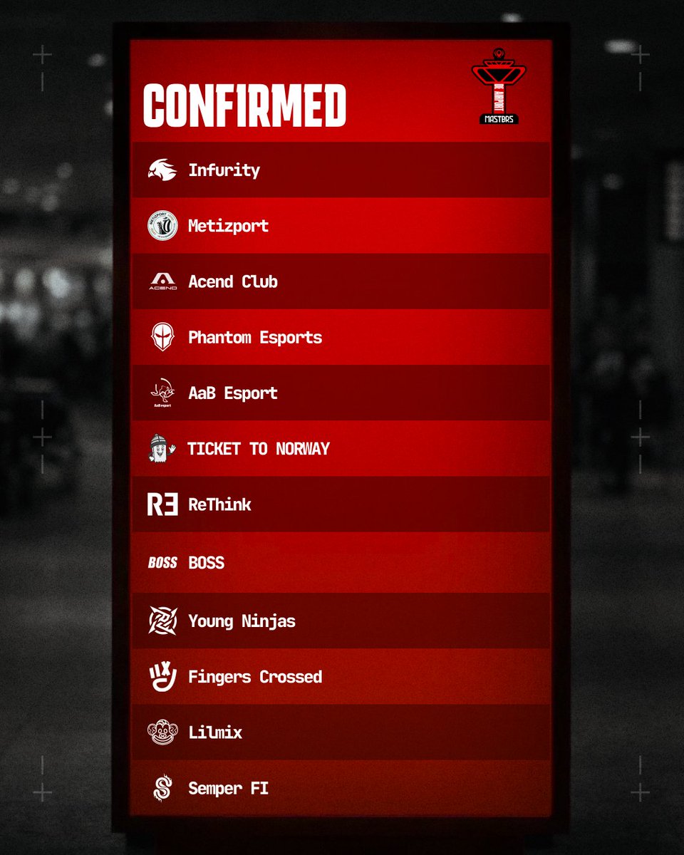 12 confirmed + 2 pending teams to De_Airport Masters right now! ✈️🇳🇴

<a href="/InfurityGG/">INFURITY GAMING</a> 
<a href="/Metizport/">Metizport</a> 
<a href="/AcendClub/">ACEND CLUB</a> 
<a href="/phnt_esports/">Phantom Esports</a> 
<a href="/Aabesportelite/">AaB Esport Elite</a> 
<a href="/bossggofficial/">BOSS</a> 
<a href="/ReThinkEsports/">ReThink</a> 
<a href="/NIPCS/">NIP CS</a> 
<a href="/FxCrossed/">Fingers Crossed</a> 
<a href="/Lilmixgg/">Lilmix Esports</a> 
<a href="/semperfiESC/">Semper Fi</a> 
Team TICKET TO NORWAY

19/2 Travel day + 2h warmup
20/2 Day 1