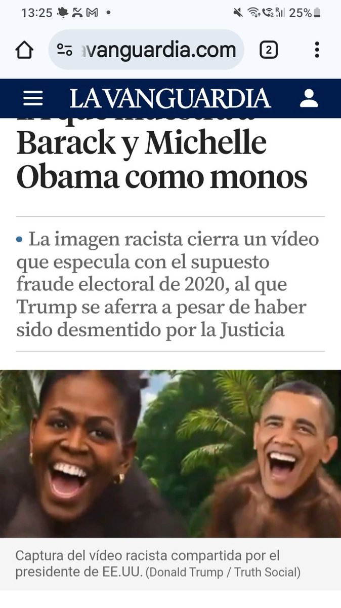 "El Trump , ell mateix en persona , envian videos amb IA del Obama i la seva dona , representats com a micos del bosc ……….. el Trump es un Miserable , no te nivell" huma , no te educacio.
lavanguardia.com/internacional/…