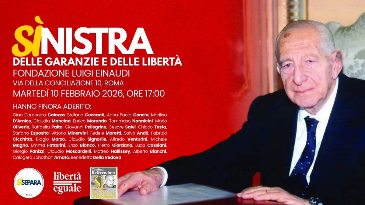 Amiche e amici romani il 10 febbraio alle 17.00 a #Roma  la seconda puntata di “La Sinistra che vota Si” organizzata da <a href="/fleinaudi/">Fondazione Luigi Einaudi</a> <a href="/libertaegualeIT/">Libertà Eguale</a> e il #ComitatoVassalli 
vi aspettiamo numerosi 😎 #separazionedellecarriere