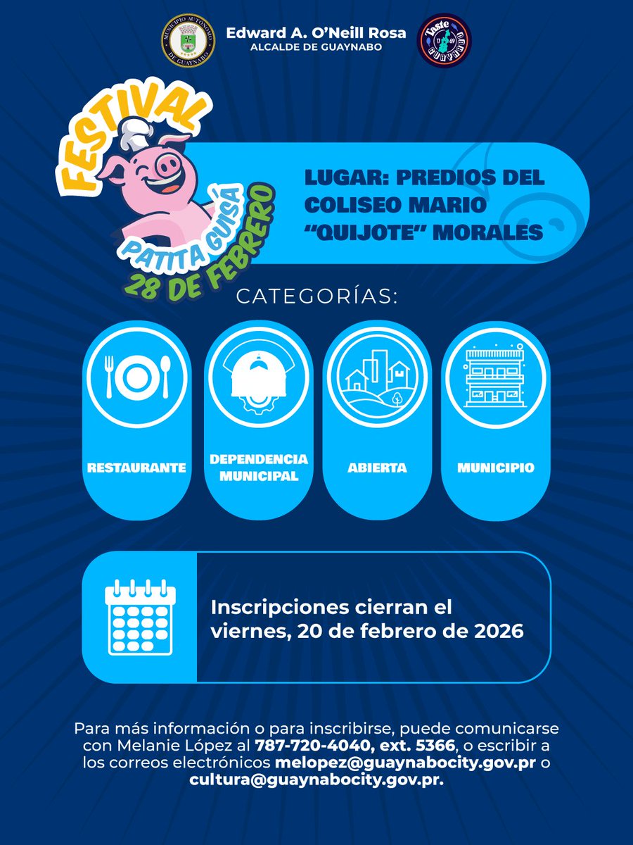 MunGuaynabo's tweet photo. Regresa el evento más icónico de Guaynabo, el Festival de La Patita Guisá.

Inscríbete en la competencia y demuestra que tu guiso es el ganador.

Te esperamos el 28 de febrero en el estacionamiento del Mario “Quijote” Morales. https://t.co/IqzP9jXmDG