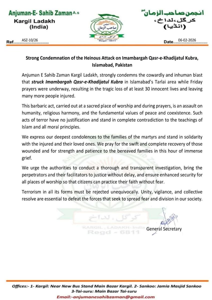 EarthNewsLadakh's tweet photo. Anjuman-e-Sahib Zaman (A.S.), Kargil Ladakh, has strongly condemned the brutal and inhuman attack on Imambargah Qasr-e-Khadijat-ul-Kubra in Islamabad, Pakistan. #islamabadAttack #Imambargah #Kubra #attackNow https://t.co/ihUj2sTvw0
