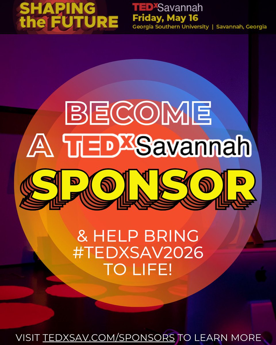 Want to help shape the future right here in Savannah?
Become a TEDxSavannah sponsor to  support the ideas, voices, and conversations that make #TEDxSav2026 possible!

🔗 Learn more: tedxsav.com/x/sponsors