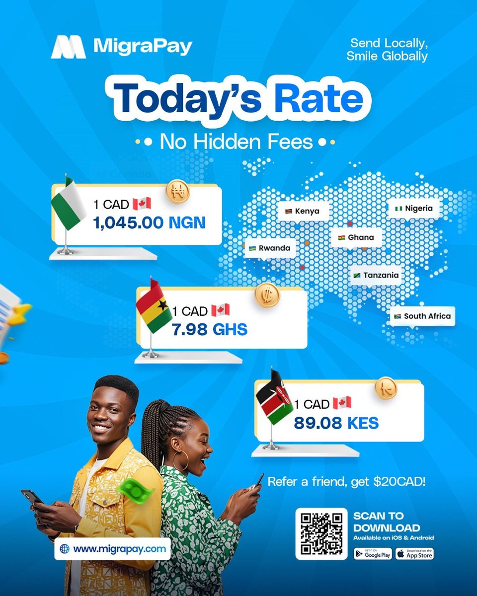 MigraPay's tweet photo. Today's MigraPay rates (zero hidden fees):
1 CAD = 1,045 NGN 🇳🇬
1 CAD = 7.98 GHS 🇬🇭
1 CAD = 89.08 KES 🇰🇪
Get more value home. Refer a friend → $20 CAD bonus each 💰
Download on Playstore or Apple store
#MigraPay #BestRates https://t.co/4JtCCY2Nz1