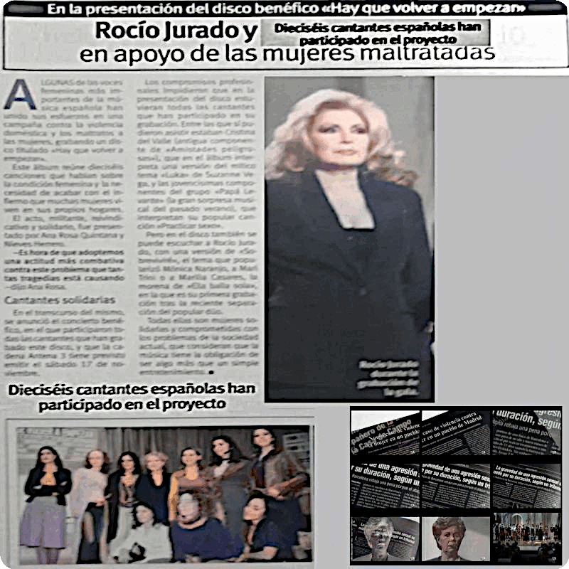 Campaña 16nov2001 «Hay que volver a empezar» 
Rocío Jurado y 16 cantantes españolas"Participaron" 
en el proyecto en apoyo a las mujeres maltratadas.☎️016
 #YoSiTeCreo #MareaFucsia  #APOYOROCIO6F