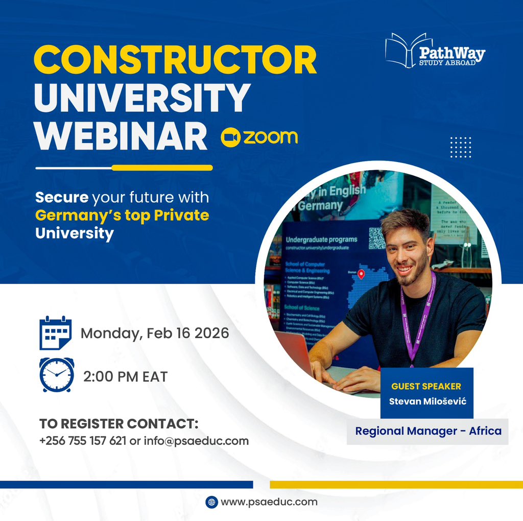 psaeducation's tweet photo. Join our exclusive Zoom webinar with Constructor University, one of Germany’s top private institutions.

 16 Feb 2026 | ⏰ 2:00 PM (EAT)

Register: info@psaeduc.com
WhatsApp: +256 755 157 621 / +250 788 537 028

Two intakes. One opportunity. Don’t miss it. https://t.co/UbPNnetPb3