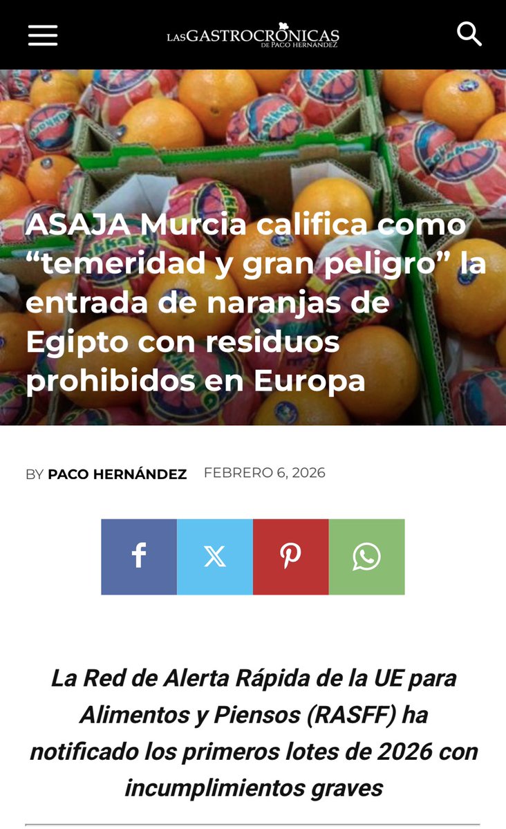 ASAJA Murcia califica como “temeridad y gran peligro” la entrada de naranjas de Egipto con residuos prohibidos en Europa lasgastrocronicas.com/asaja-murcia-c… vía @Las Gastrocrónicas
