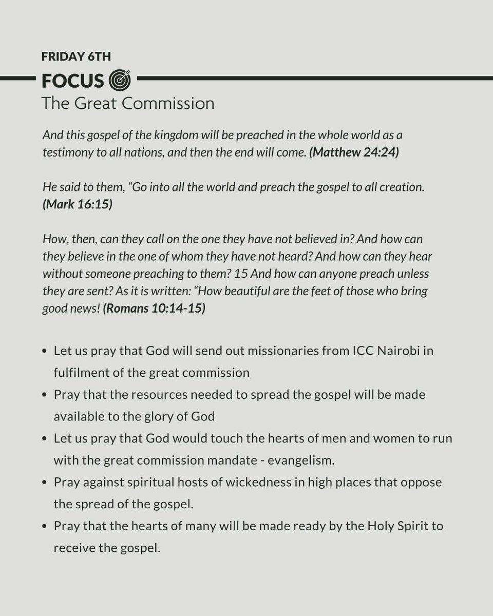 icckiserian's tweet photo. Friday 6th | Day 33: The Great Commission

Today we pray for the Great Commission, asking God to send out missionaries from ICC Nairobi and provide every resource needed to spread the Gospel. https://t.co/KZYzG0PIFJ