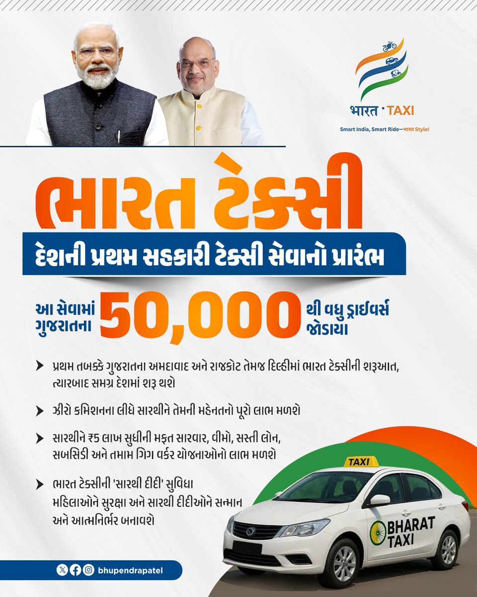 Bhupendrapbjp's tweet photo. સહકારિતા ક્ષેત્રે નવા યુગનો પ્રારંભ.. 

માનનીય વડાપ્રધાન શ્રી નરેન્દ્રભાઈ મોદી અને માનનીય કેન્દ્રીય ગૃહ અને સહકારિતા મંત્રી શ્રી અમિતભાઈ શાહના માર્ગદર્શનમાં દેશમાં સહકારિતા ક્ષેત્રનો અભૂતપૂર્વ વિકાસ થઈ રહ્યો છે. આ દિશાની એક ક્રાંતિકારી પહેલ એટલે 'ભારત ટેક્સી'. 

'ભારત ટેક્સી' એ દેશની સૌપ્રથમ સહકારિતાના મોડલ પર સંચાલિત ટેક્સી સેવા છે. પ્રારંભિક તબક્કે આ સેવા  ગુજરાતના અમદાવાદ અને રાજકોટ તેમજ દિલ્હીથી શરૂ થઈ છે, અને આવનાર સમયમાં સમગ્ર દેશમાં શરૂ થશે. ઘણા આનંદની વાત છે કે, અત્યાર સુધીમાં ગુજરાતના 50,000 થી વધુ ડ્રાઈવર્સ, એટલે કે, સારથી તો આ સેવા સાથે જોડાઈ પણ ચૂક્યા છે. 

સારથી અને ગ્રાહક બંને માટે આ સુવિધા win-win બનવાની છે. 

ગુજરાત તો સહકારિતા ક્ષેત્રની સફળતાનું રોલ મોડલ છે. આવનાર સમયમાં અનેક પરિવારો માટે આ સુવિધા રોજગારી અને સુખાકારીના નવા દ્વાર ખોલશે, અને સહકારિતા ક્ષેત્રના વિકાસને નવી દિશા આપશે.  

@narendramodi
@AmitShah
#BharatTaxi