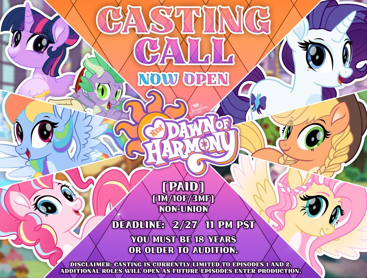 ✨💜 #NDOH VOICE CASTING CALL 🧡✨

ONLY 3 MORE WEEKS LEFT on our opening casting for New Dawn of Harmony Mane 6!! 🎊✨

- This is a PAID voice acting opportunity!
- We are NOT strictly seeking impressions of the Canon OG Characters. 

NDOH is a reimagining, and these are