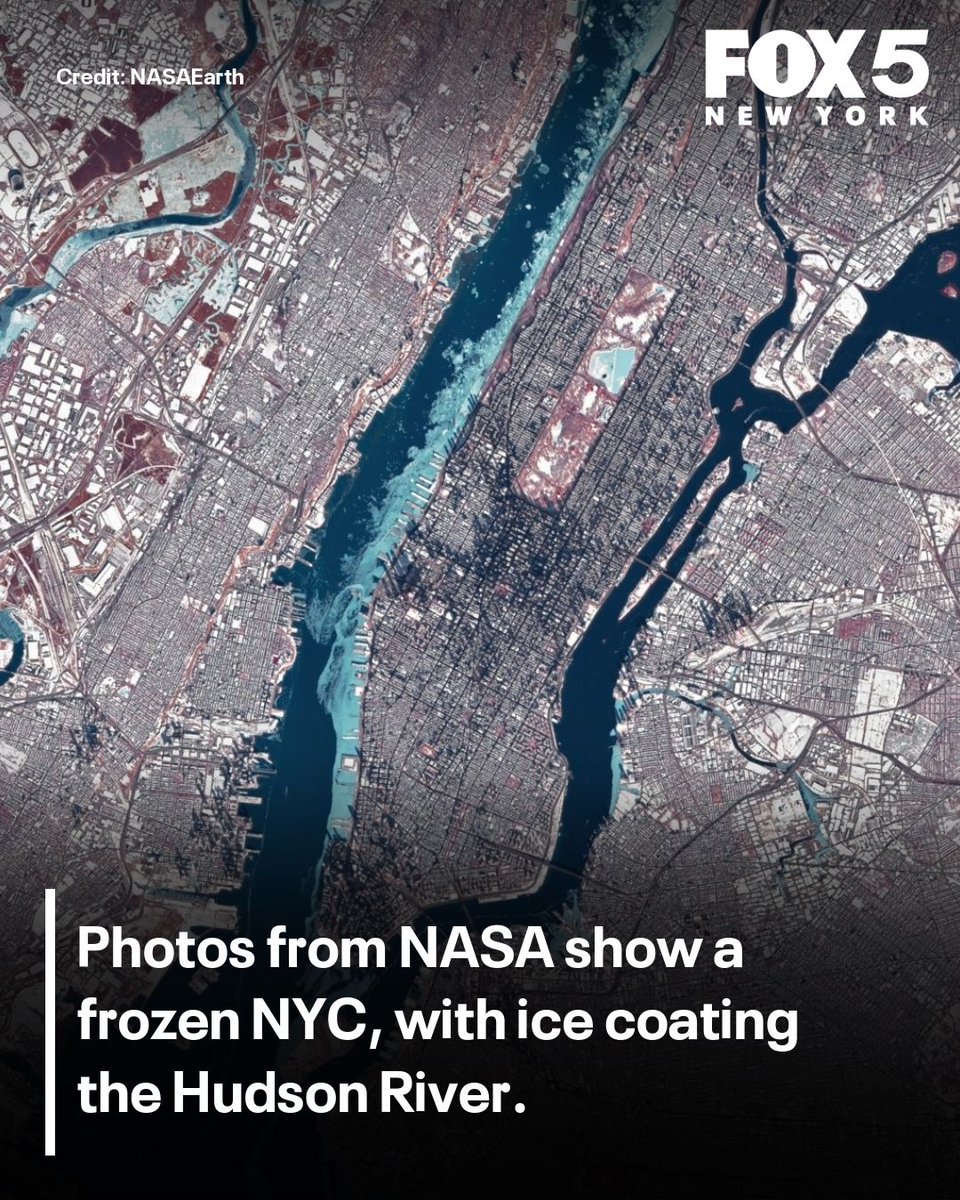 fox5ny's tweet photo. After a long few weeks, a false-color NASA image captured by the Landsat 8 satellite on Jan. 28 shows ice swirling through the Hudson River and snow blanketing the city. #coldweather #winter2026 #nasaearth https://t.co/jSebxUq2MS https://t.co/m4dS1i3RLQ