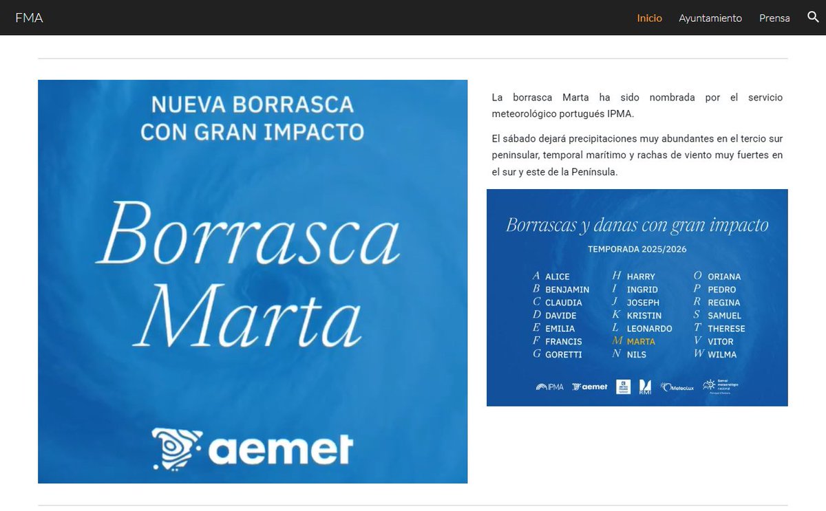 Nombrada por el servicio meteorológico portugués #IPMA la nueva borrasca con gran impacto, #MARTA. 

Mañana sábado dejará precipitaciones muy abundantes en el tercio sur peninsular, temporal marítimo y rachas de viento muy fuertes en el sur y este de la Península.