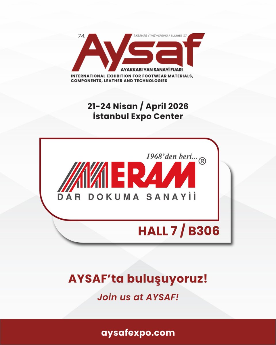 Meram Dar Dokuma Sanayii, ayakkabı yan sanayinin küresel buluşma noktası AYSAF 2026’da yerini alıyor.
Uluslararası iş bağlantılarının, yenilikçi çözümlerin ve sektör profesyonellerinin bir araya geldiği AYSAF 2026’da siz de yerinizi alın.