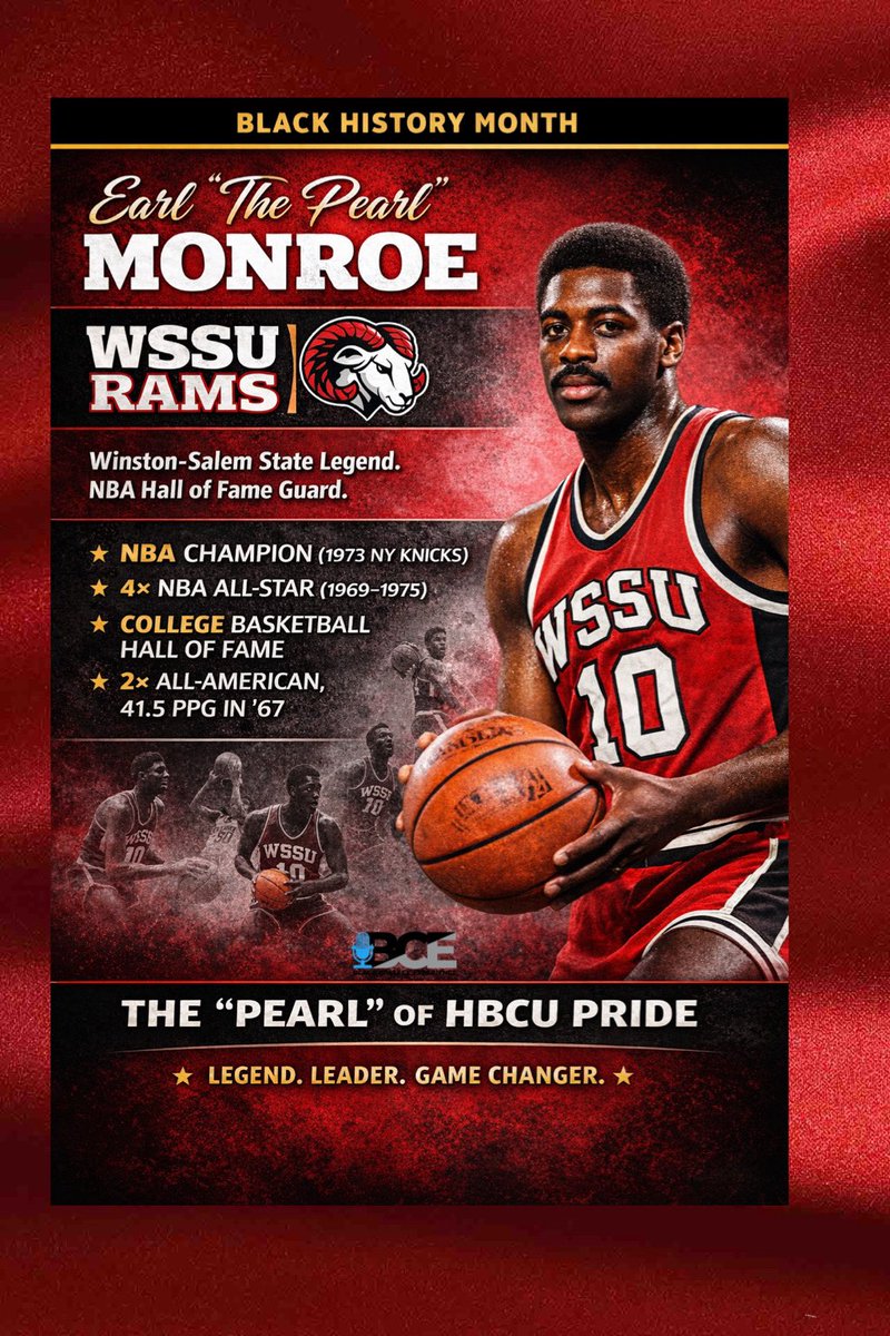 BlackCollegeExp's tweet image. Today in Black History: @WSSU_Athletics Great: Earl "The Pearl" Monroe. Monroe who is a @NBA Champion; is also a 4x @NBA  All Star, @WSSU_Athletics College 🏀 HOF, &amp;amp; 2x All American, 41.5 PPG in 1967 #Rams #WSSU ❤️🖤#HBCU #BHM #BlackCollegeExperience