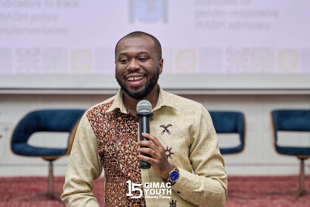 GimacYouth's tweet photo. Elvis Ayeh @TheAR_Trust  led an interactive #15GIMAC simulation unpacking how AU decisions on WASH are made. Through role-play, participants learned to turn community voices into continental action using data, coalitions, and strategic messaging.
#YouthforWASH https://t.co/WvLy9T5hfW