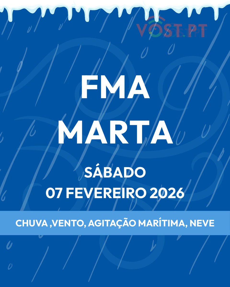 VOSTPT's tweet photo. ℹ️ O IPMA nomeou a depressão MARTA, que vai trazer chuva persistente, vento forte, neve nas terras altas e mar muito agitado este sábado, com especial incidência ao Centro e Sul, litoral e zonas de serra- 
Os solos já estão saturados e isso faz com que a chuva cause impactos mais depressa do que o normal. Os períodos que pedem mais atenção são de madrugada para a manhã e durante a manhã e início da tarde. Não é um episódio rápido — é um dia inteiro a exigir calma e planeamento. Vai chover durante várias horas seguidas. Em alguns locais, isso pode significar água a acumular-se onde normalmente não acumula. O vento pode provocar quedas de ramos, árvores e deslocação de objetos. O mar estará perigoso — não é um bom dia para ir “ver o mar”.
Isto não é alarmismo: É prudência.
Planeiem deslocações, evitem riscos desnecessários e cuidem uns dos outros.
Por aqui continuaremos a acompanhar a situação.
