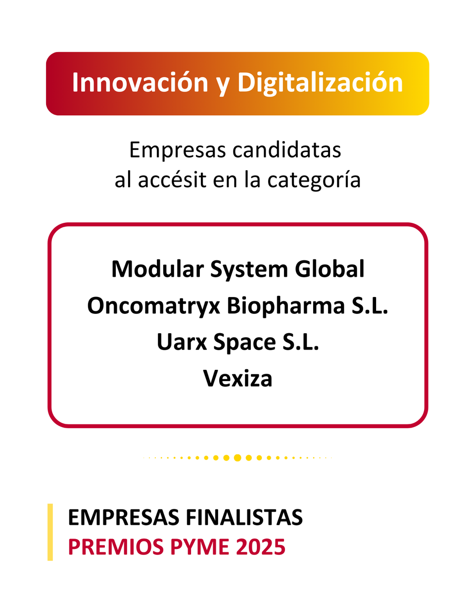 camarascomercio's tweet photo. 🤖En el accésit de Innovación y Digitalización, las empresas candidatas son:
@Modular
@Oncomatryx
@uarxspace
@vexiza
#Innovación #Digitalización #PremioPyme https://t.co/1MFmw7wY1x