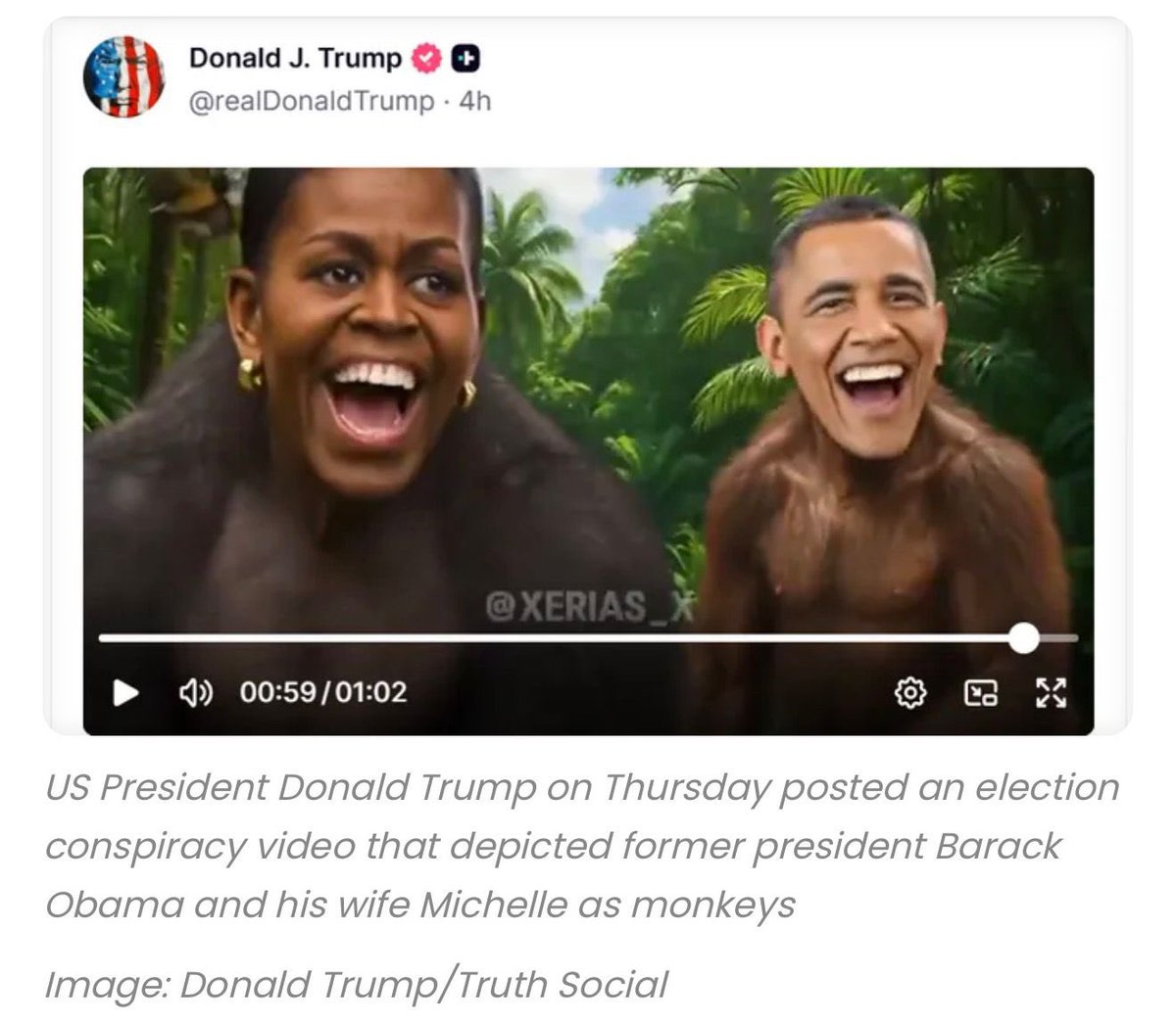 GregoryAllione's tweet photo. À vomir !

M Donald Trump (je n’arrive même pas me dire qu’il est président) a publié une vidéo raciste présentant Michelle et Barack Obama comme des singes.

Voilà le racisme des trumpistes !
Je me souviens bien que certains partis extrémistes en font l’apologie de #Trump… https://t.co/74z5ZlGugZ