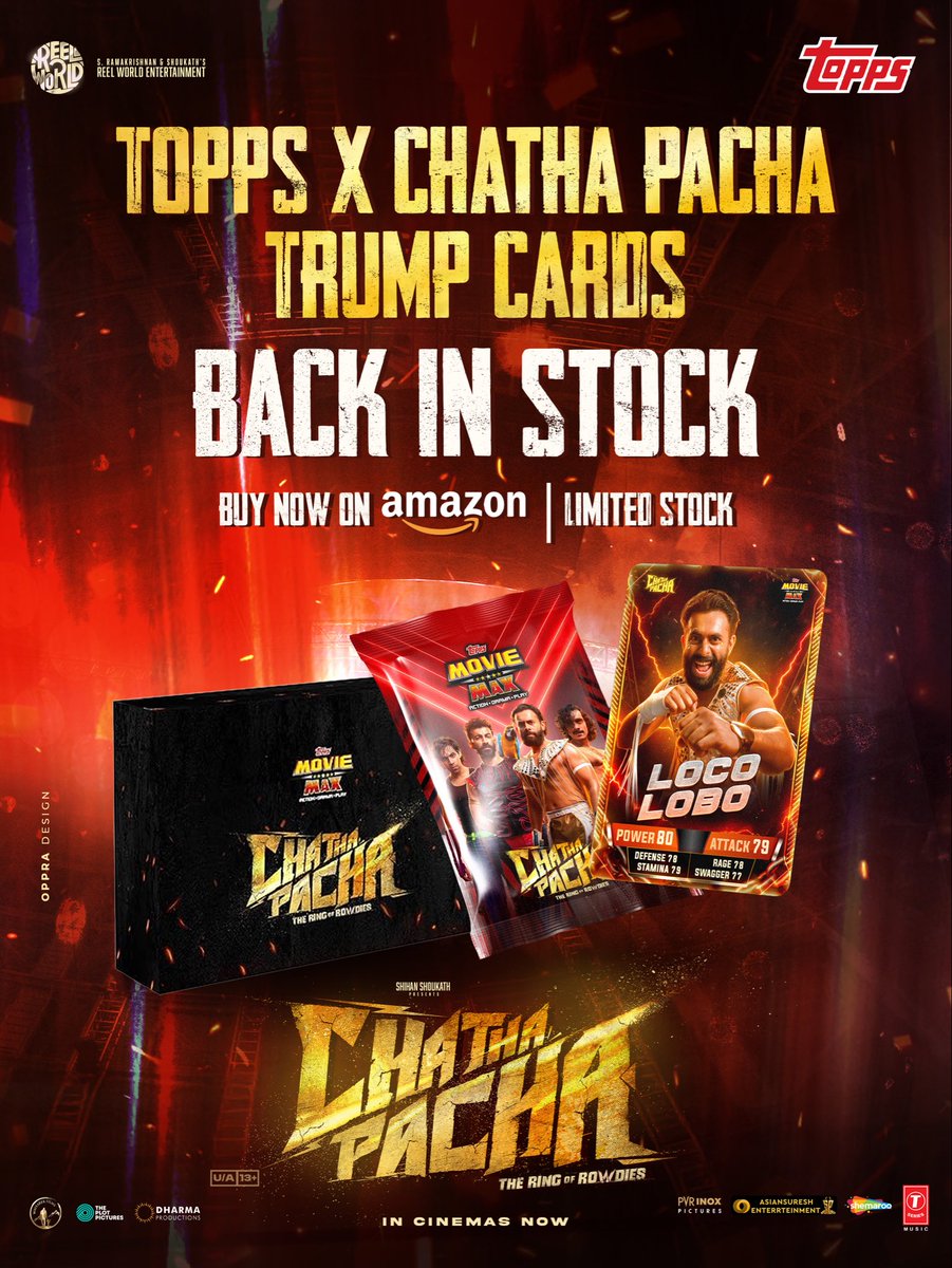 chathapacha's tweet photo. Topps x Chatha Pacha Trump Cards are BACK IN STOCK ๐ฅ
Grab yours now on Amazon India
โ ๏ธ Donโt miss it this time, theyโll be SOLD OUT again.
Limited packs. Maximum madness.
๐ฌ #ChathaPacha | Now playing in cinemas. Watch it on the big screen ๐๐ฅ
#ChathaPachaTamil #ToppsIndia https://t.co/rMqIIjCWhW