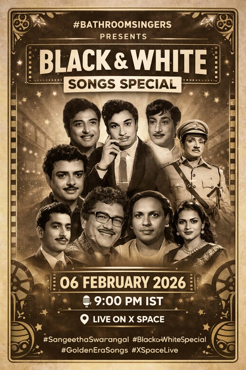 🖤🤍 #BathroomSingers Presents
🎶 Black and White Songs Special 🎶

A night of timeless classics, vintage vibes &amp; evergreen melodies ✨🎤

📅 Date: 06.02.2026
⏰ Time: 9.00 PM IST

Join us and relive the golden era of music! 🎼🌙

#BlackAndWhiteSongsSpecial #BathroomSingers