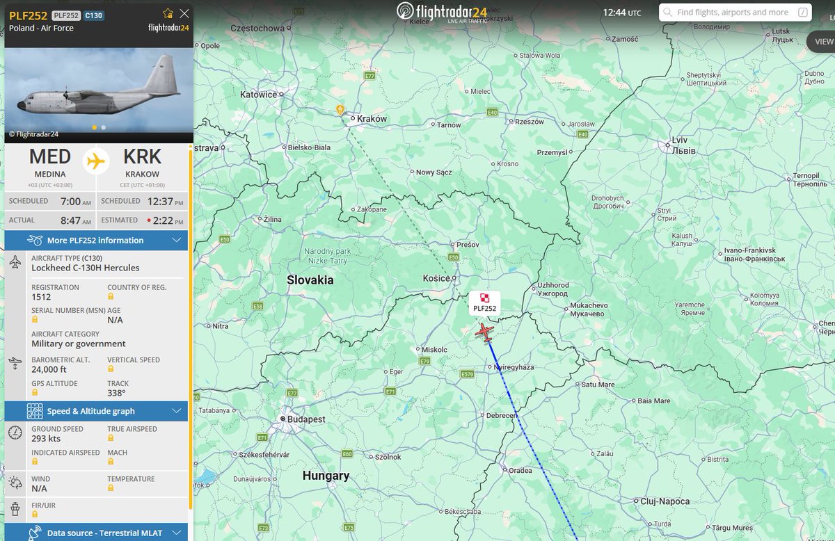 PolishMilRadar's tweet photo. 📅 06.02 🕒 13:44LT - 🇵🇱✈️ Hercules do Krakowa 🇵🇱
🇵🇱 Siły Powietrzne RP
✈️ Lockheed Martin C-130H Hercules "1512"
🛫 Medyna #OEMA 🇸🇦 (po przylocie z Islamabadu #OPIS 🇵🇰)
🛬 Kraków-Balice #EPKK 🇵🇱
#PLF252 leci na FL240
🔗 Link do śledzenia w komentarzu ⬇️
#POLMILRADAR https://t.co/Hw6uYXE1ps