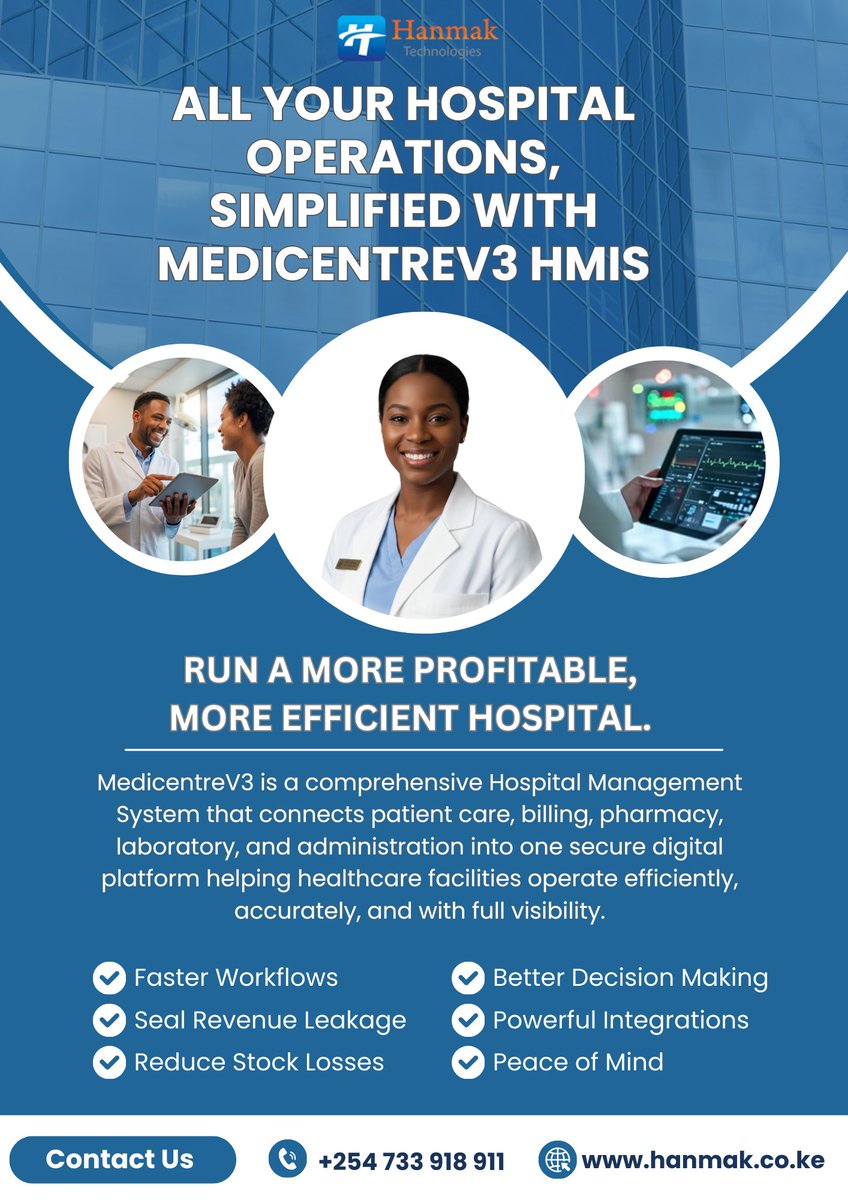 hanmaklimited's tweet photo. Running a hospital means balancing patient care, staff, stock, billing, and administration, all at once.

MedicentreV3 HMIS connects patient care, billing, pharmacy, lab, and admin  giving hospitals full visibility and control.

Simpler operations. Better decisions.

#HealthIT https://t.co/3IaCvRclc2
