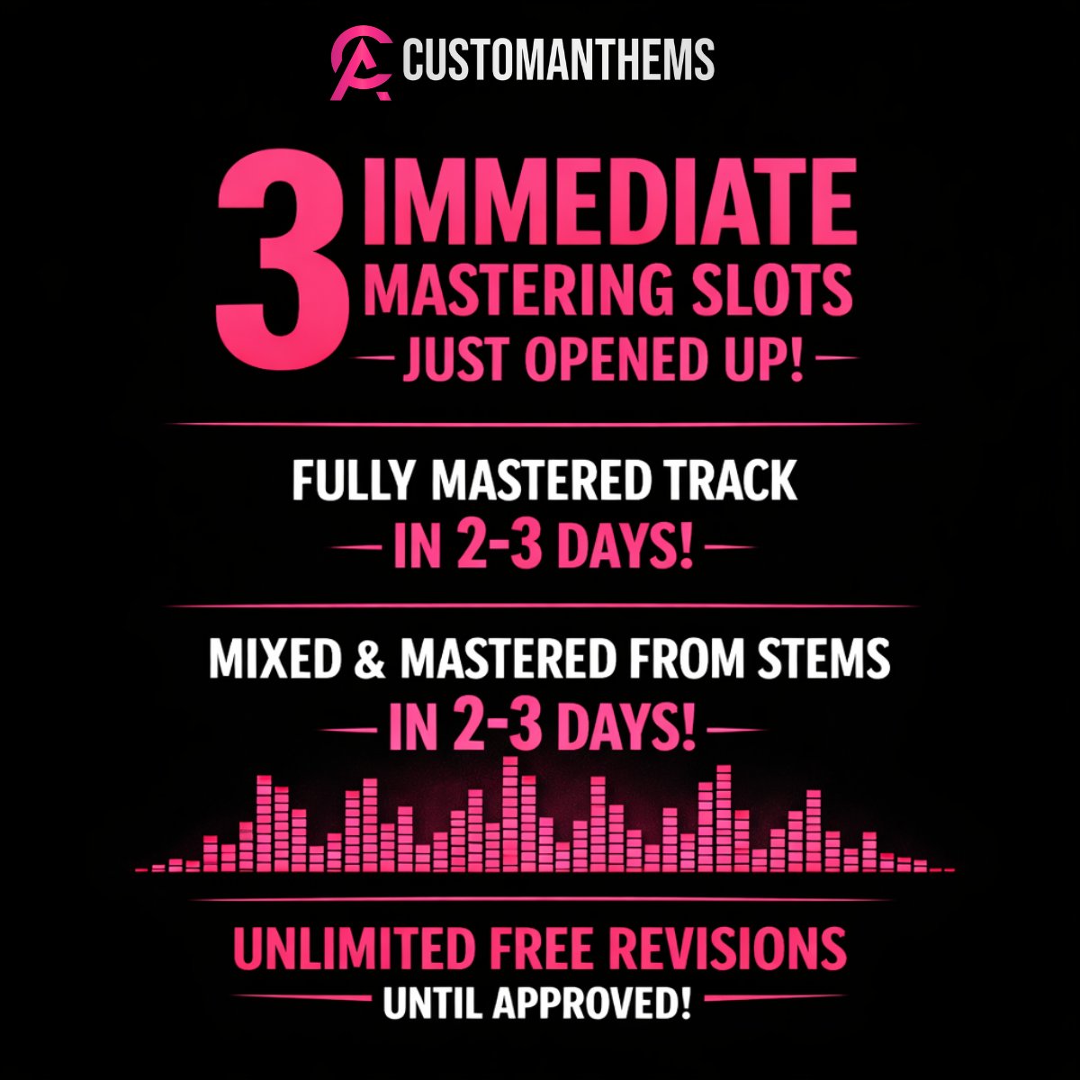 We've just had 3 immediate mastering slots open for fast turn around in 2 to 3 days max. This includes single pre-mixed songs and mixing from stems.

You can find full details and pricing here: tinyurl.com/CA-MixMaster 

#Mastering #MixingAndMastering #IndependentBand