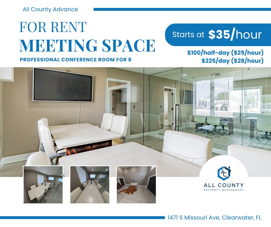 AllCAdvance's tweet image. Why settle for less? Host your next meeting in style at Puzzanghera Executive Offices.

Hourly, half-day, or full-day bookings available. Fully equipped &amp;amp; ready for your success. Act fast!

📞 727-284-7368
🔗 Reserve now: bit.ly/PuzzangheraMee…

#ProfessionalSpace
