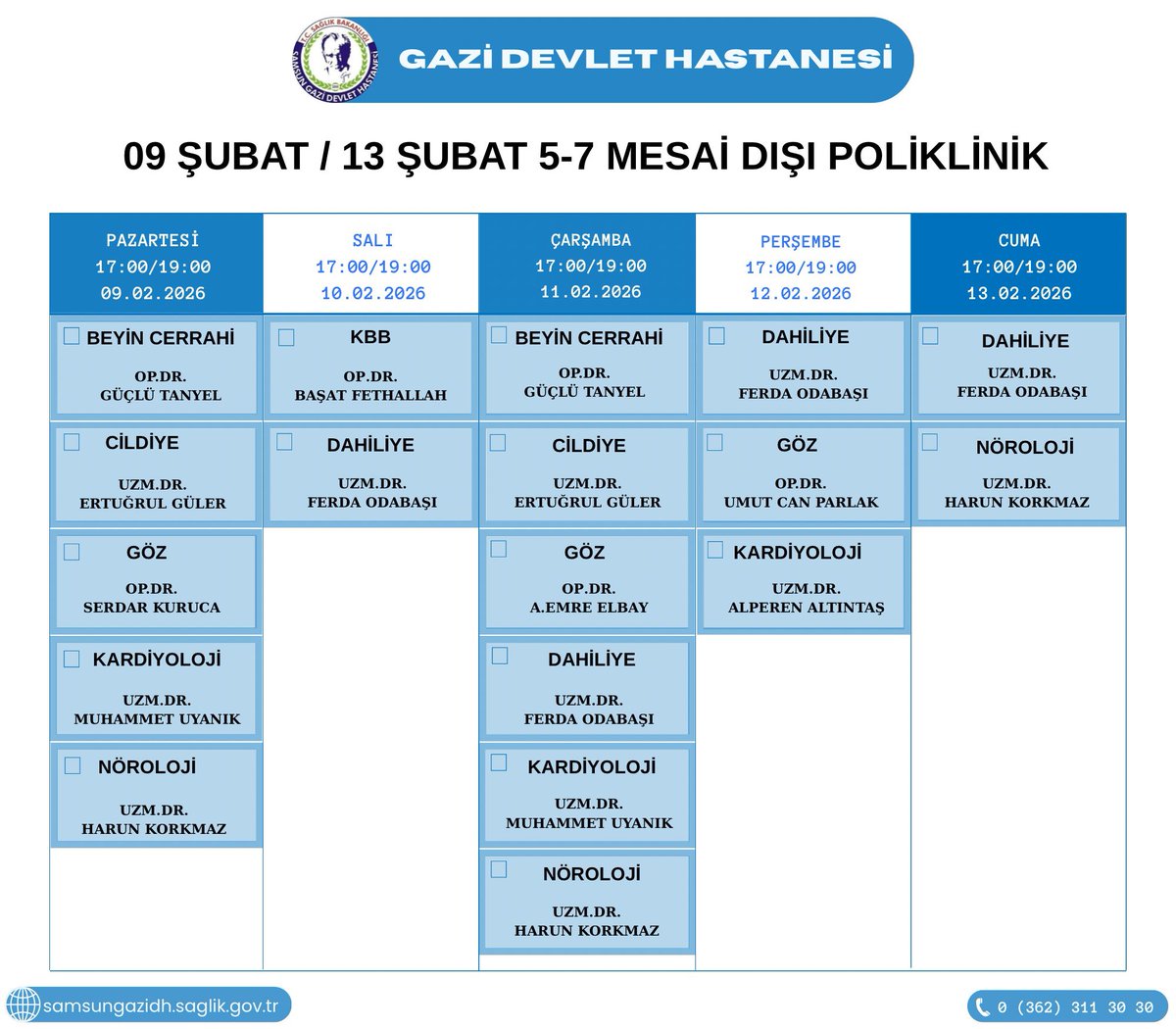 5/7 mesai dışı poliklinik listemiz.