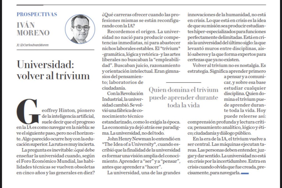 La universidad no nació para producir competencias inmediatas, ni para la empleabilidad. 

Nació como gimnasio del pensamiento, laboratorio de ciudadanía. 

La universidad no está en crisis. Lo que está en crisis es la idea de que su misión es formar expertos híper-especializados