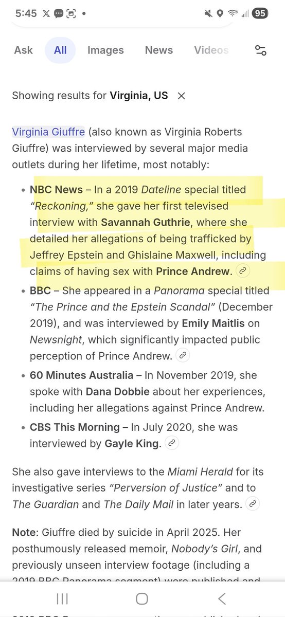 What? 
Savannah Guthrie is the " reporter" who interviewed Virginia Giuffre about Epstein.  Now he mother is missing? 
Pysop.