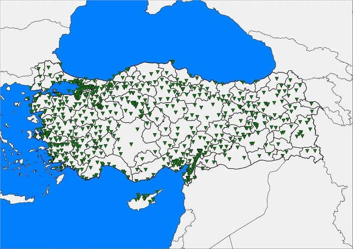 Türkiye’deki deprem istasyonları.