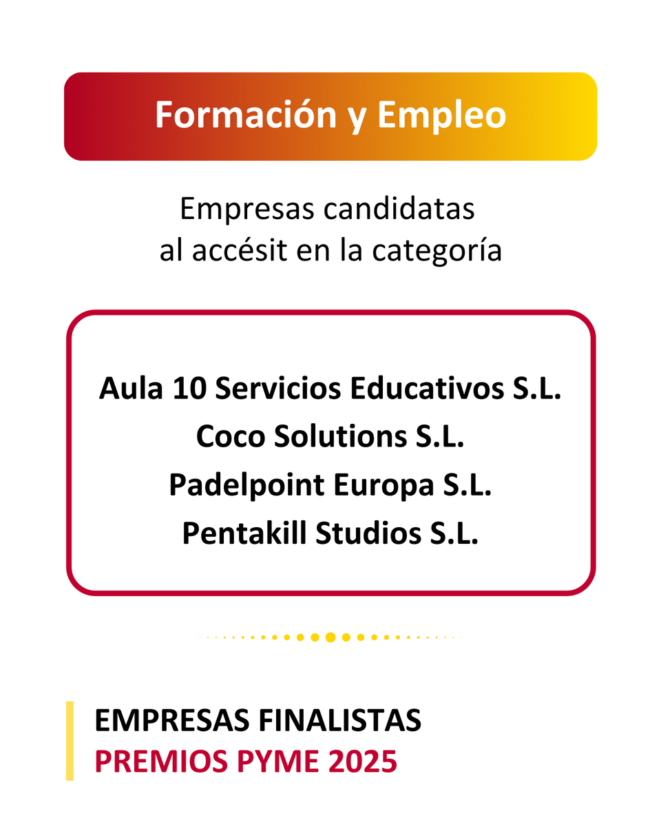camarascomercio's tweet photo. 📝Las empresas finalistas para el accésit de Formación y Empleo:
- Aula 10 Servicios Educativos S.L.
@CocoSolution
@padelpoint1
- Pentakill Studios S.L.
#Formación #Empleo #PremioPyme https://t.co/M1VnzdtyXl