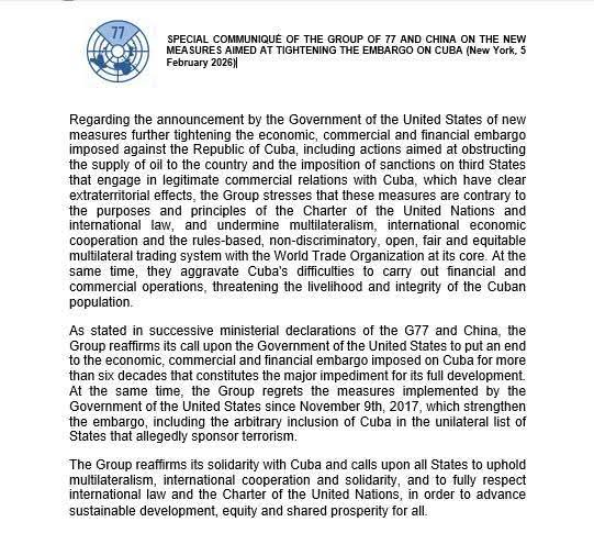 Declaración de apoyo a #Cuba del Grupo de los 77 y China, en contra de las medidas de recrudecimiento del bloqueo yanqui, emitidas por el presidente Donald Trump, a través de Orden Ejecutiva. La solidaridad, respeto y abrazo de los pueblos en apoyo a Cuba. #CubaNoEstáSola

.
