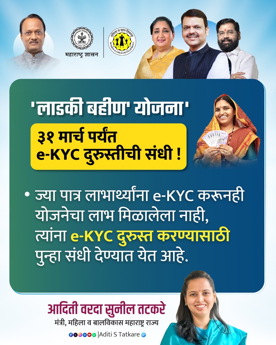 मुख्यमंत्री माझी लाडकी बहीण योजना: ३१ मार्च पर्यंत e-KYC दुरुस्तीची संधी!

e-KYC प्रक्रिया करताना काही लाभार्थ्यांकडून चुकीचा पर्याय निवडला गेल्याने योजनेचा लाभ मिळण्यात अडचणी येत असल्याच्या तक्रारी प्राप्त झाल्या आहेत. विशेषतः ज्या पात्र लाभार्थ्यांनी e-KYC करूनही त्यांना अद्याप