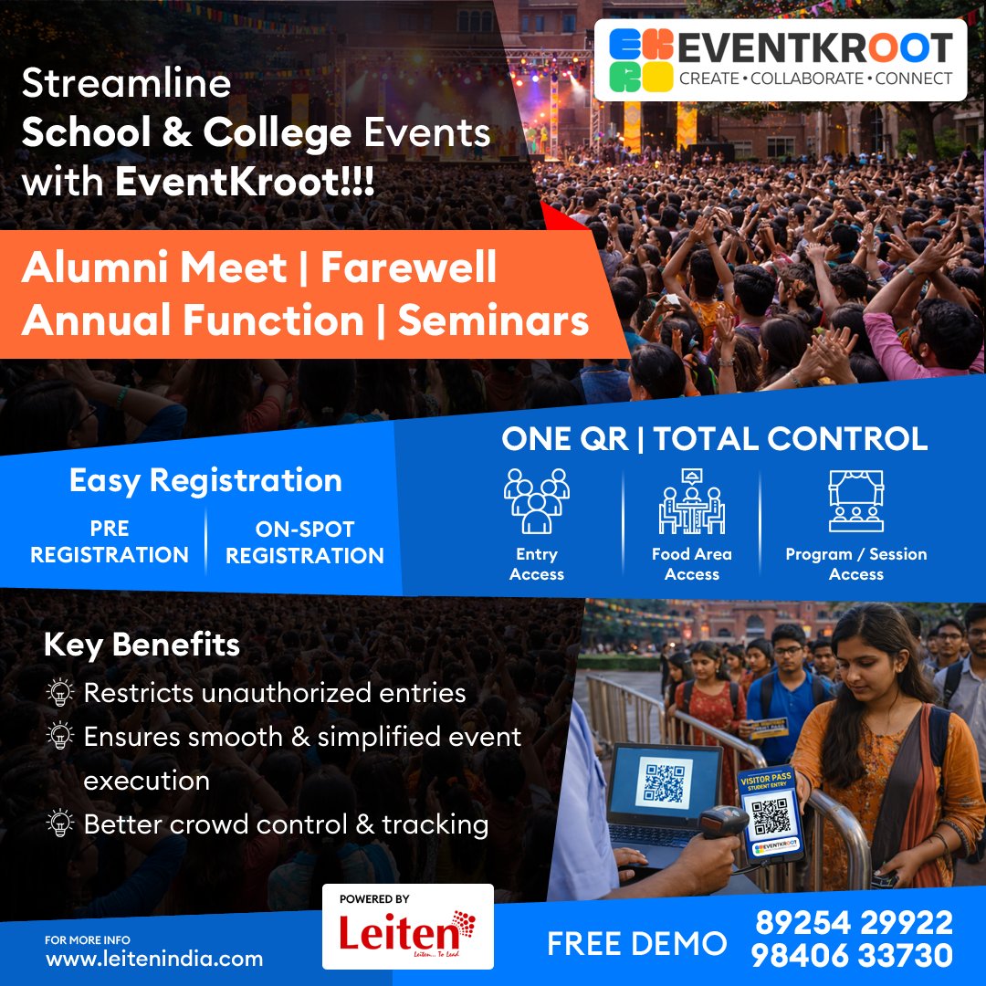 LeitenTech's tweet image. Streamline school &amp;amp; college events with EventKroot 🎓
One QR for registrations, entry, food &amp;amp; sessions.
Better control. Zero chaos.

📞 Free demo: 89254 29922 | 98406 33730
#EventKroot #CampusEvents #EventTech #SchoolEvents #CollegeEvents