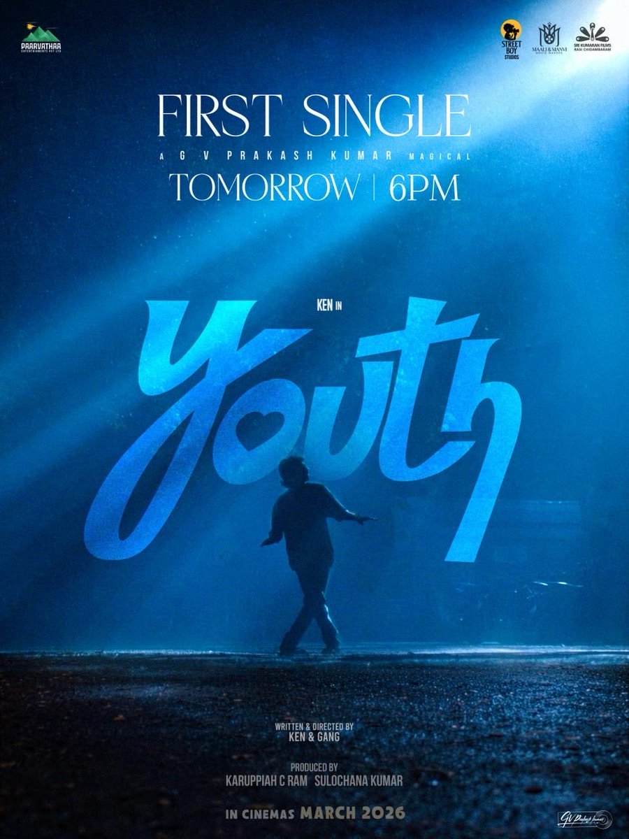 #Youth - First Single “MUTTA KALAKKI”  Drops Tomorrow at 6PM ❤️🎶

The Fun Max Vibe Begins in Style 🥳🎉
A <a href="/gvprakash/">G.V.Prakash Kumar</a> musical ✨

MARCH RELEASE IN THEATRES 🌟
#Paarvathaa01 × #KenKarunaas
#KenInYouth

<a href="/KenKarunaas/">Ken Karunaas</a> <a href="/gvprakash/">G.V.Prakash Kumar</a> <a href="/The_KCR/">Karuppiah C Ram</a> #SurajVenjaramoodu #Devadarshini