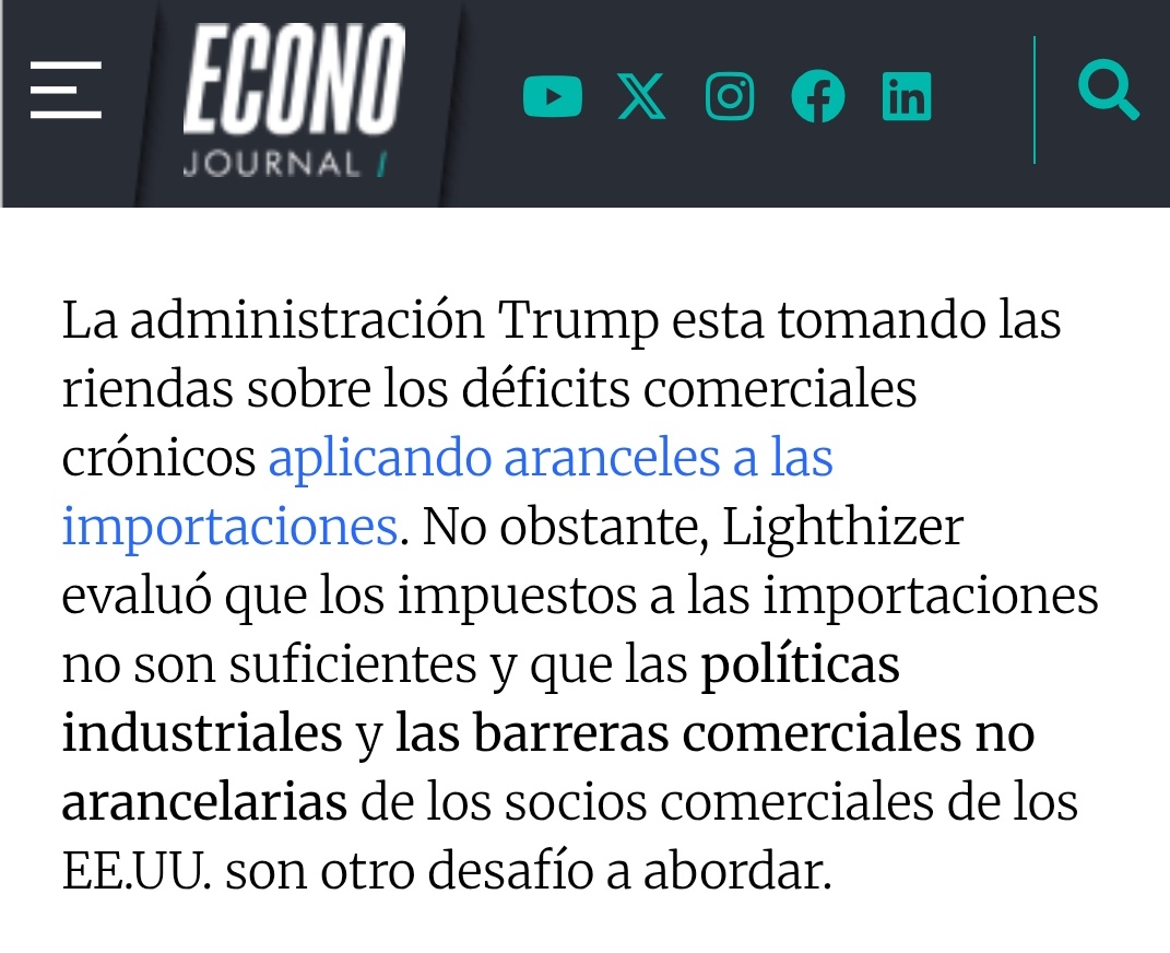 🇦🇷🇺🇸 Un punto central del acuerdo comercial con EE.UU. es que Argentina se compromete a limitar al máximo los subsidios a la industria local. Lighthizer, ex Sec de Comercio de Trump, en su paso por Buenos Aires, dijo que los socios de EE.UU. no deben tener políticas industriales.