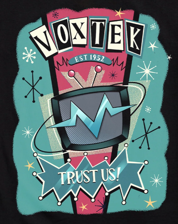 Bet_A_Cho's tweet photo. The patterns on Vincent's shirt are "Atomic Starburst", which was particularly popular in the 1950s. This was during the early Cold War and the beginning of the Space Race, when people were filled with fascination about space exploration and futuristic tech.
#HazbinHotelVox https://t.co/8p9Gw51rA1