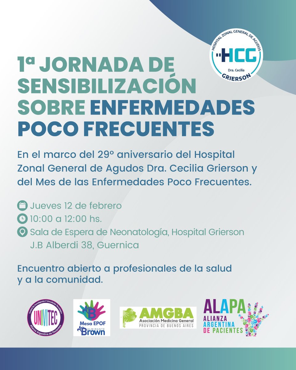 ✅ 1° Jornada de Sensibilización sobre Enfermedades Poco Frecuentes en Guernica, Buenos Aires

📅 Jueves 12 de febrero, de 10.00 a 12.00 hs, en la Sala de Espera de Neonatología del Hospital C. Grierson (J. B. Alberdi 38, Guernica)

🙂 Actividad libre y gratuita

#SomosALAPA