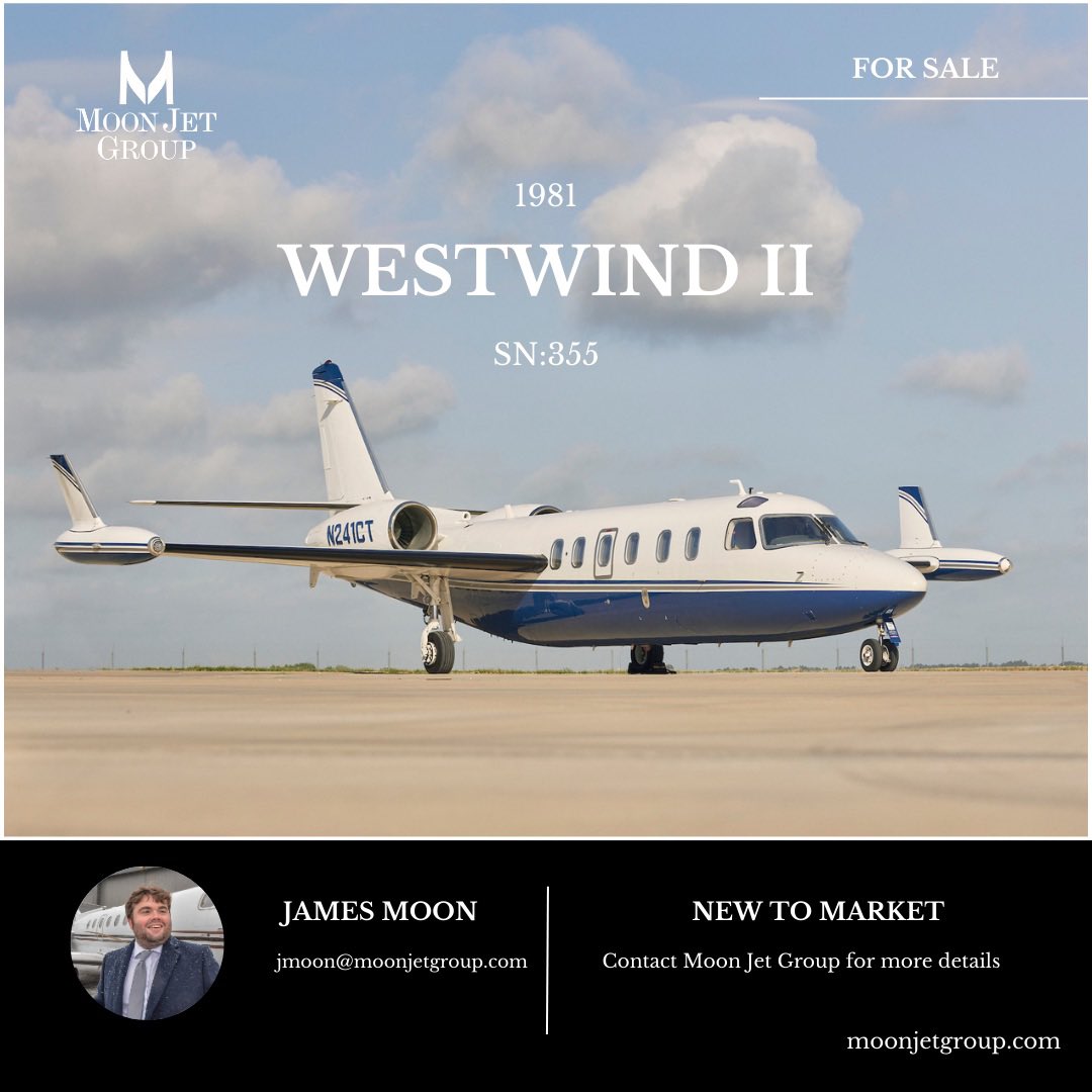 MoonJetGroup's tweet photo. New to Market

Moon Jet Group is pleased to present for sale this 1981 Westwind II (SN:355). 

For further information, please visit: https://t.co/LVp1UMCTrs

To schedule an aircraft inspection or if you require any further information, contact Moon Jet Group.

#aircraft #bizjet https://t.co/1bVrGTkYKM