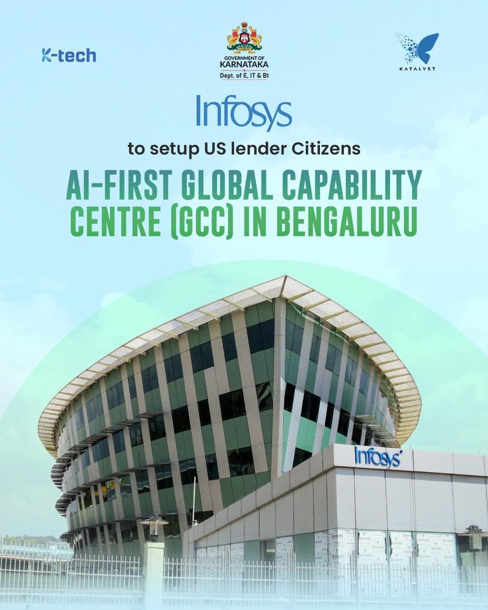 NaFaUpSpo's tweet photo. #Infosys is partnering with US-based #financial company #CitizensFinancialGroup to establish an AI-first Innovation #GCC Hub in #Bengaluru.
This will enable AI-led transformation across banking operations & digital services https://t.co/F565lzdXz5