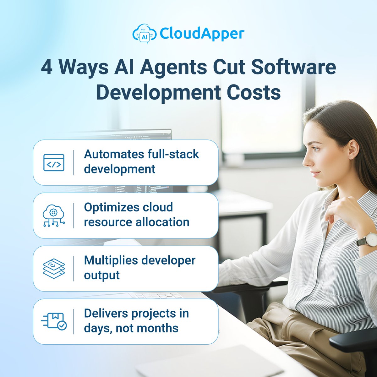 CloudApperAI's tweet photo. What if #buildingsoftware didnโt have to be slow or expensive?
#CloudApper #AIDevAgentแตแดน handles routine coding, speeds up testing, and reduces rework so teams ship faster with fewer resources.
Which part of your development process costs you the most today? Tell us below ๐ https://t.co/SAoO4t23od