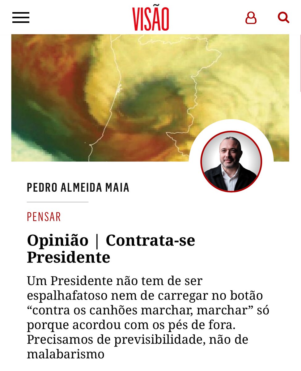 palmeidamaia's tweet photo. E se as eleições fossem um processo de recrutamento e seleção como tantos outros? A crónica "Contrata-se Presidente" saiu na Revista @Visao_pt desta semana e já está disponível on-line. #cronicista #naofechemosolhos

Para ler aqui: https://t.co/o4mJtUFrXO https://t.co/L0ibDW8BNn