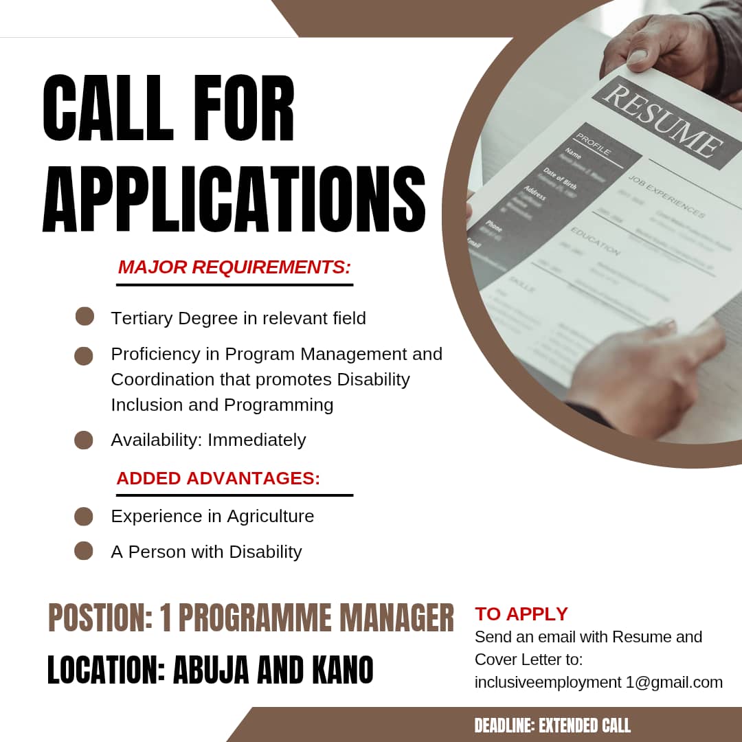 JonapwdNg's tweet photo. #CallForApplications
#ProgrammeManager
#Abuja
#Kano

Do you have a passion for program management and active coordination? If so, we invite you to apply for the position of Programs Officer in Abuja and Kano.

#SubmitCV here: inclusiveemployment1@gmail.com https://t.co/9W6KbF00vZ