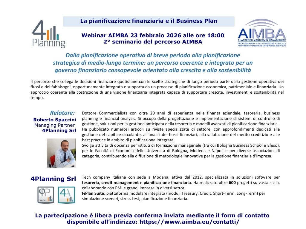 AIMBA_MASTER's tweet photo. 📌 Webinar AIMBA
📅 23 febbraio 2026 | ⏰ 18:00
Pianificazione finanziaria: dal breve al medio-lungo termine
🎤 Roberto Spaccini (4Planning Srl)
🔗 Registrazione: https://t.co/RGvSbXbZYK https://t.co/x41f4YdClH