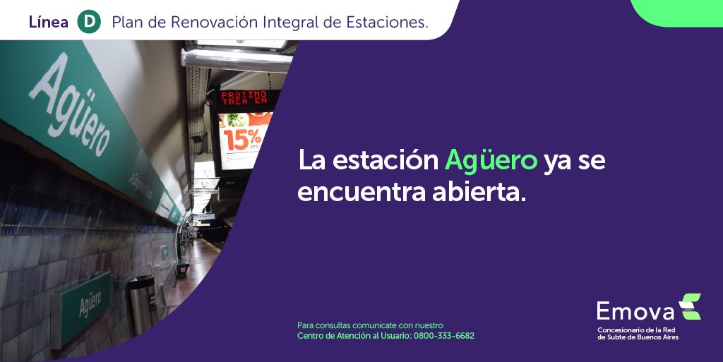 Emova_arg's tweet image. 🚨 ¡Atención usuarios!

👉 La estación Agüero de la #LíneaD ya se encuentra operativa.