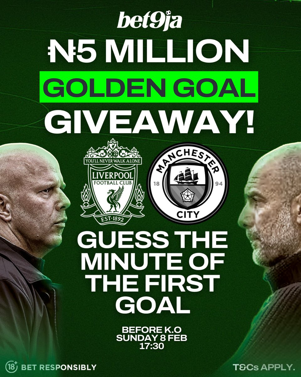 💰 ₦𝟓 𝐌𝐢𝐥𝐥𝐢𝐨𝐧 𝐆𝐢𝐯𝐞𝐚𝐰𝐚𝐲! 💰

1️⃣ Follow Bet9ja Social Channels
2️⃣ Guess the minute of the first goal in Sunday's Liverpool vs Man City game
3️⃣ Don't forget your Bet9ja User ID

20 winning users will be selected at random &amp; receive N250k cash across our social