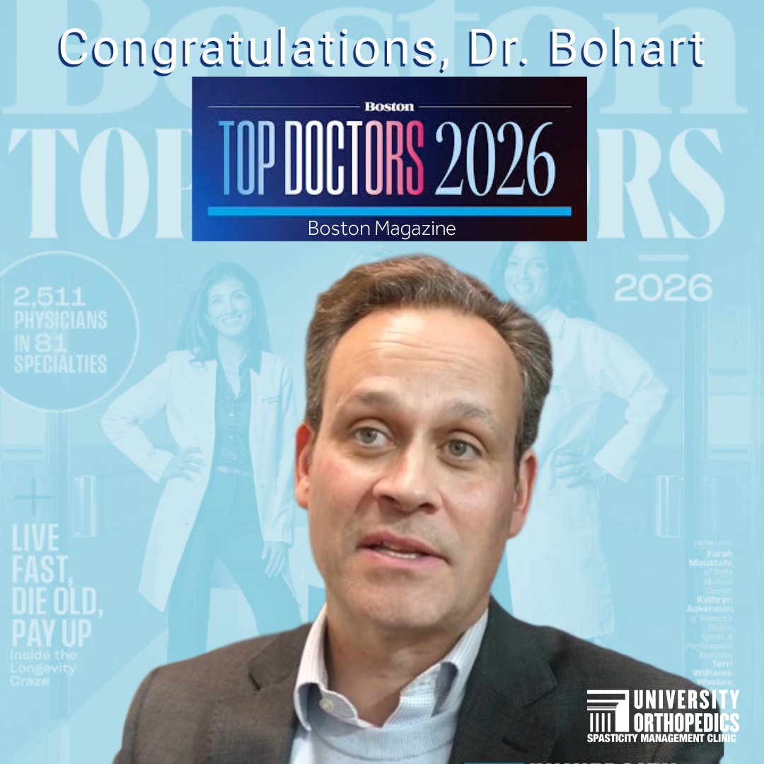 UnivOrtho's tweet photo. Congratulations to Dr. Zachary Bohart, MD on being named a @BostonMagazine Top Doctor for 2026—his 9th consecutive year. Proud to have him lead the Comprehensive Spasticity Management Clinic at @UnivOrtho.

#TopDocs2026 #UniversityOrthopedics https://t.co/WeoB9VFiyj