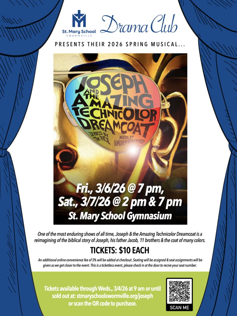 SMSSwormville's tweet image. Tickets for Joseph &amp;amp; the Amazing Technicolor Dreamcoat are NOW ON SALE!

🎭 🌈🧥✨TICKETS: $10 EACH
Click to purchase tickets: stmaryschoolswormville.org/drama
Click to purchase program ads before 2/13: tinyurl.com/28xvdsas 

#joseph #dramaclub #springmusical