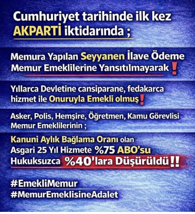 <a href="/RTEdijital/">Erdoğan Dijital Medya</a> <a href="/RTErdogan/">Recep Tayyip Erdoğan</a> Çalışan memura verilip emekli memura söz verildiği halde verilmeyen seyyanen zam maaşlar arasında büyük adaletsizliğe neden olmuştur
#EmekliMemur
#MemurEmeklisineAdalet